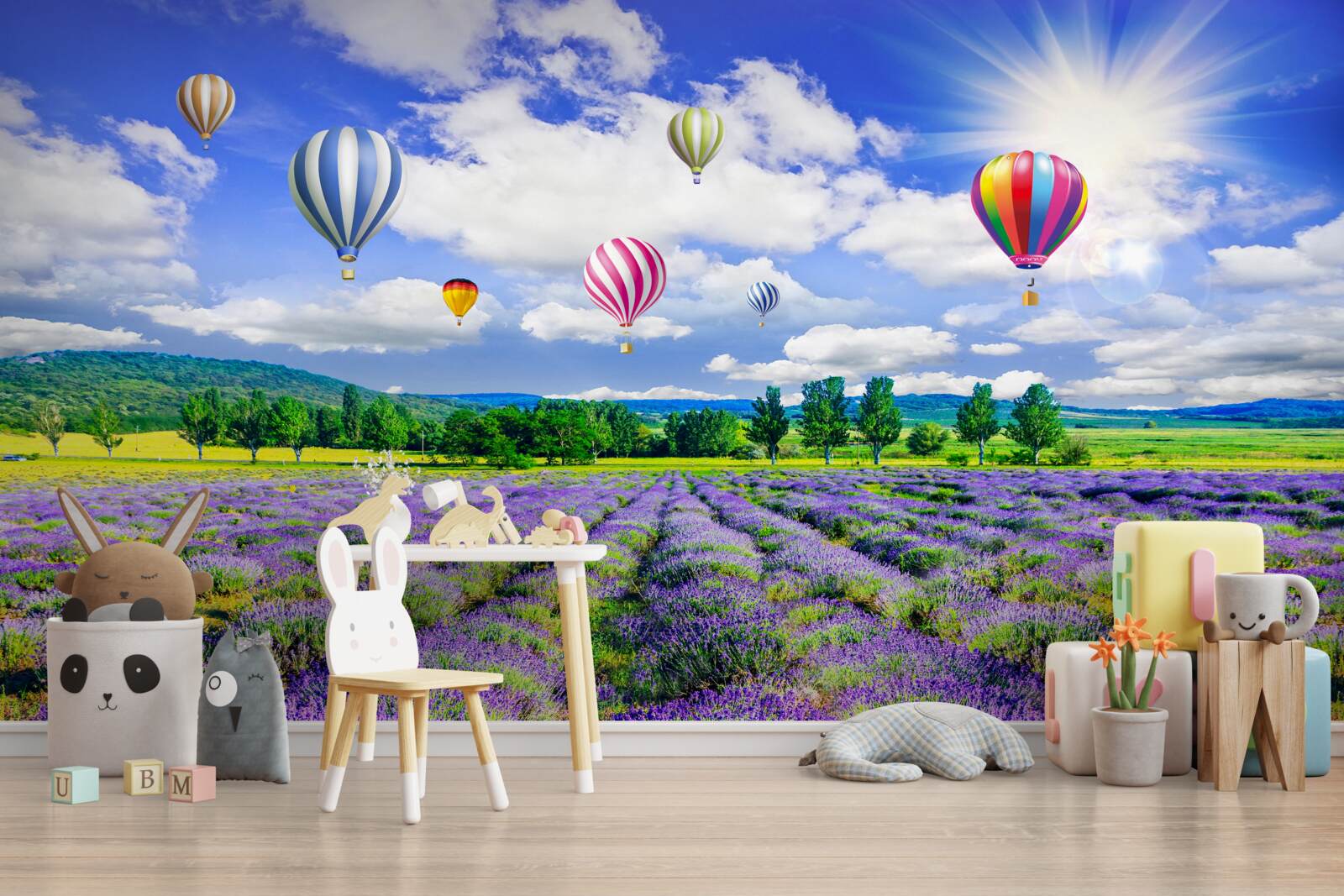 Fototapeta kolorowe balony nad polem z lawendą