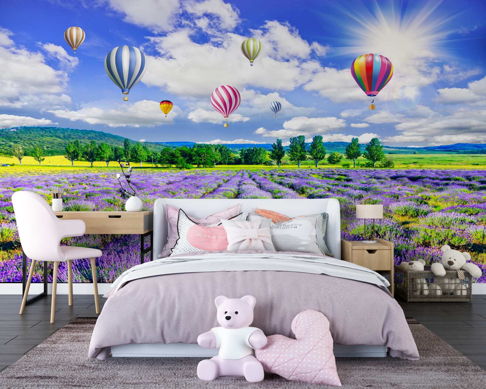 Fototapeta kolorowe balony nad polem z lawendą