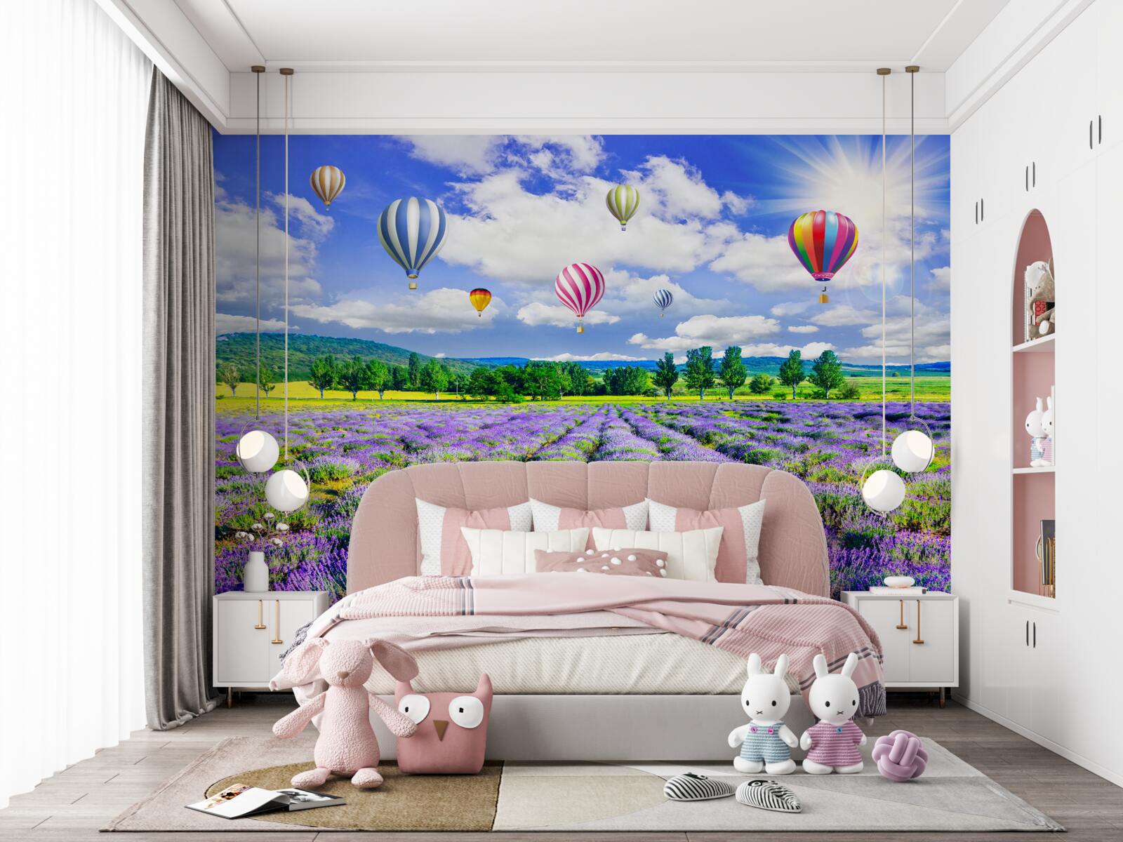 Fototapeta kolorowe balony nad polem z lawendą