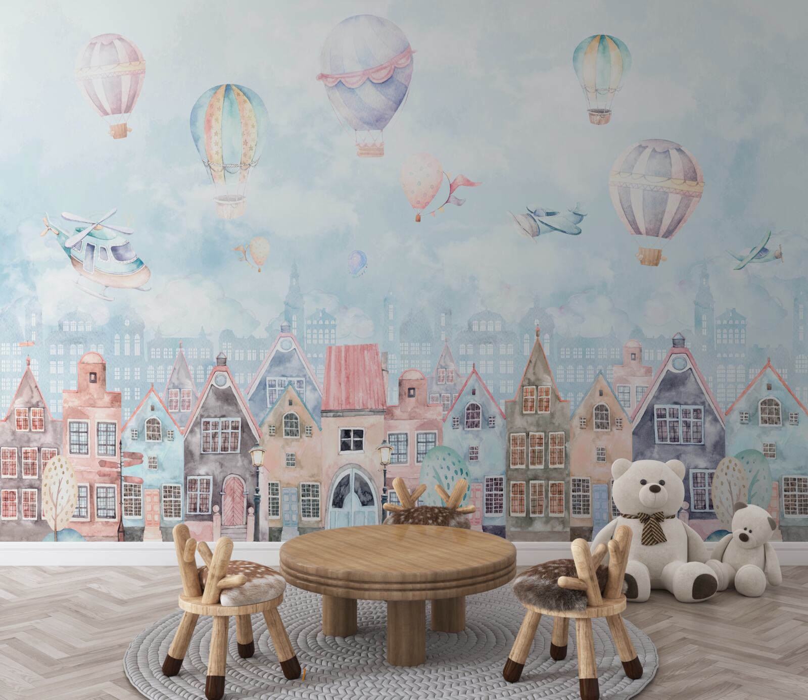 Fototapeta balony na ogrzane powietrze unoszą się nad domami pomalowanymi na różne kolory