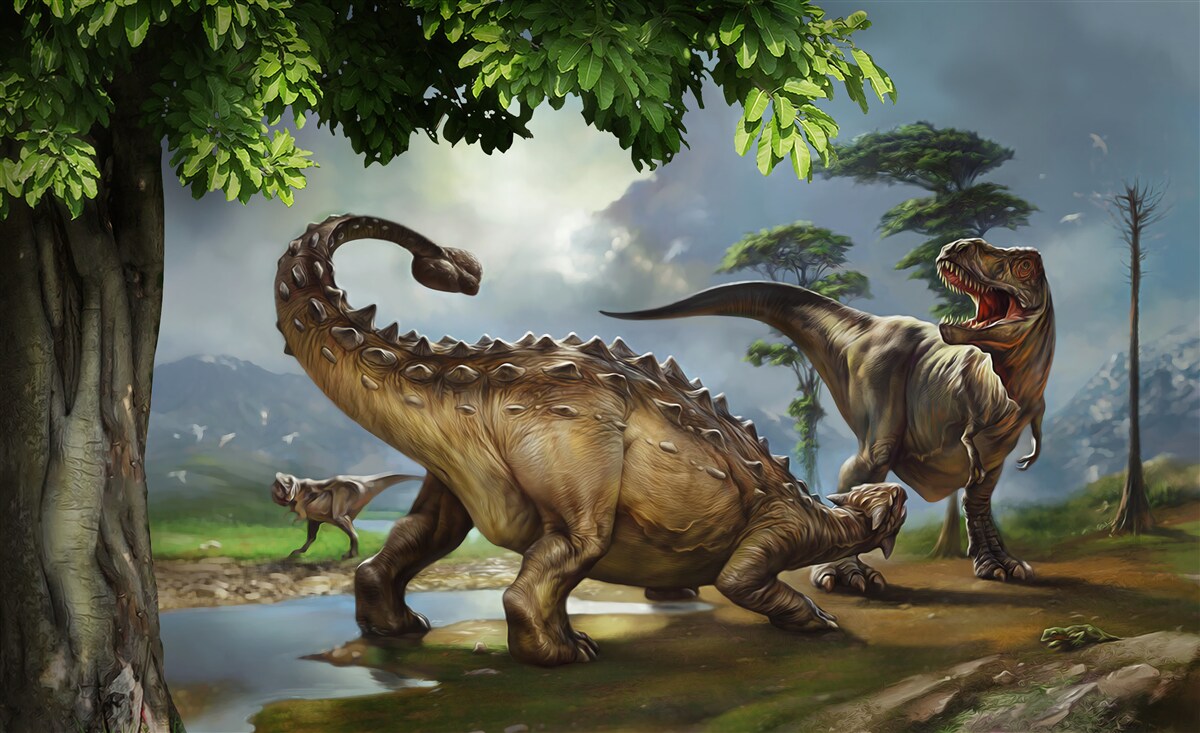 Fototapeta w lesie niedaleko stawu żyją dinozaury