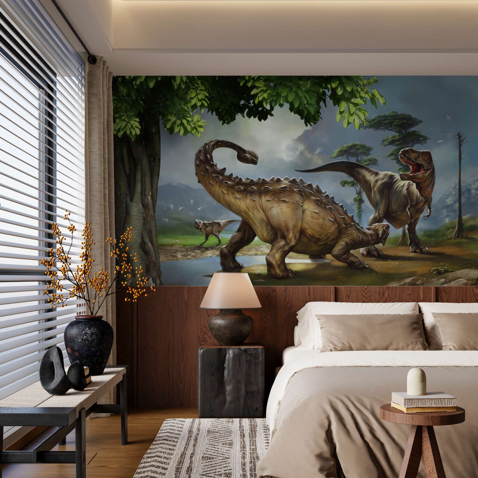 Fototapeta w lesie niedaleko stawu żyją dinozaury