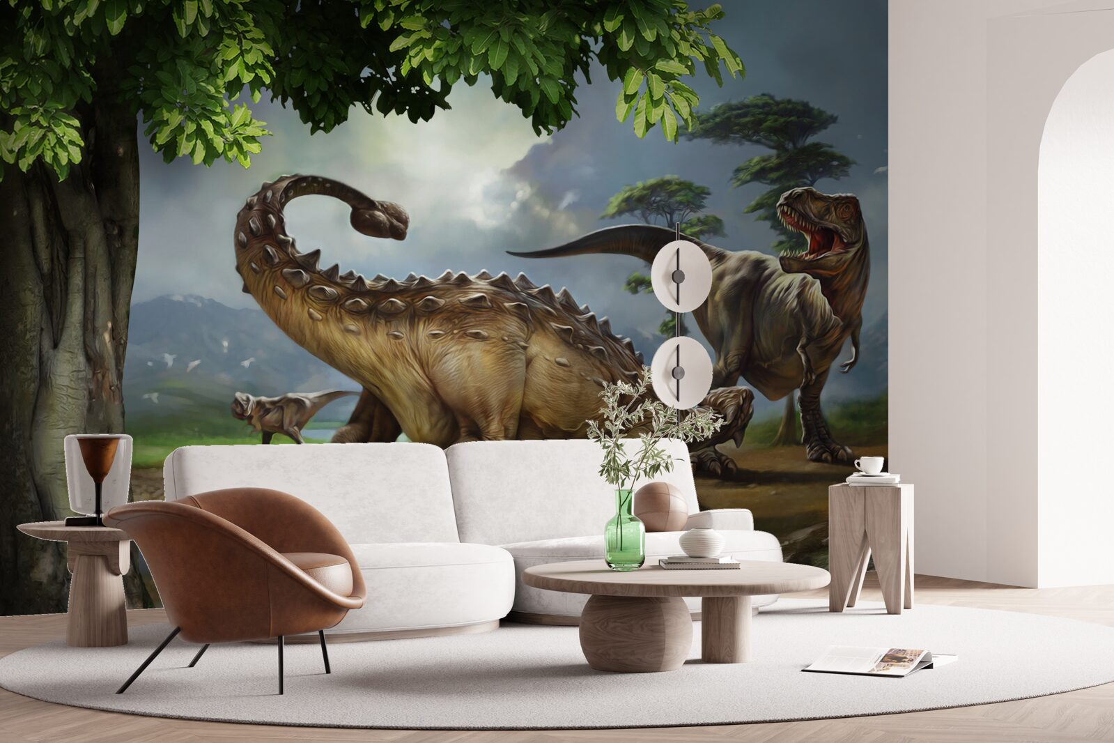 Fototapeta w lesie niedaleko stawu żyją dinozaury