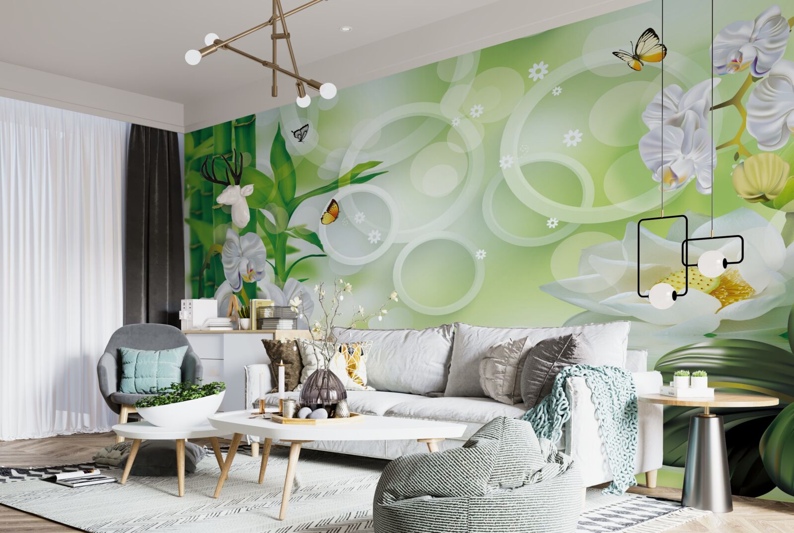 Fototapeta woda, która harmonijnie łączy się z białymi orchideami i bambusem