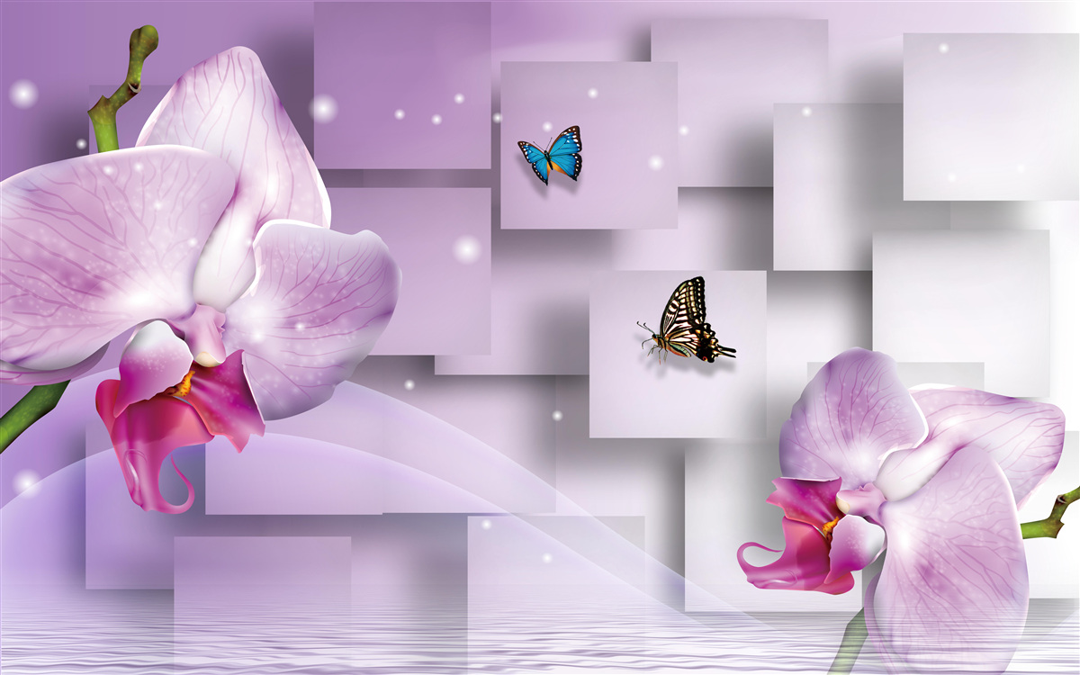 Fototapeta liliowa orchidea i motyle ułożone na tle wzoru geometrycznego