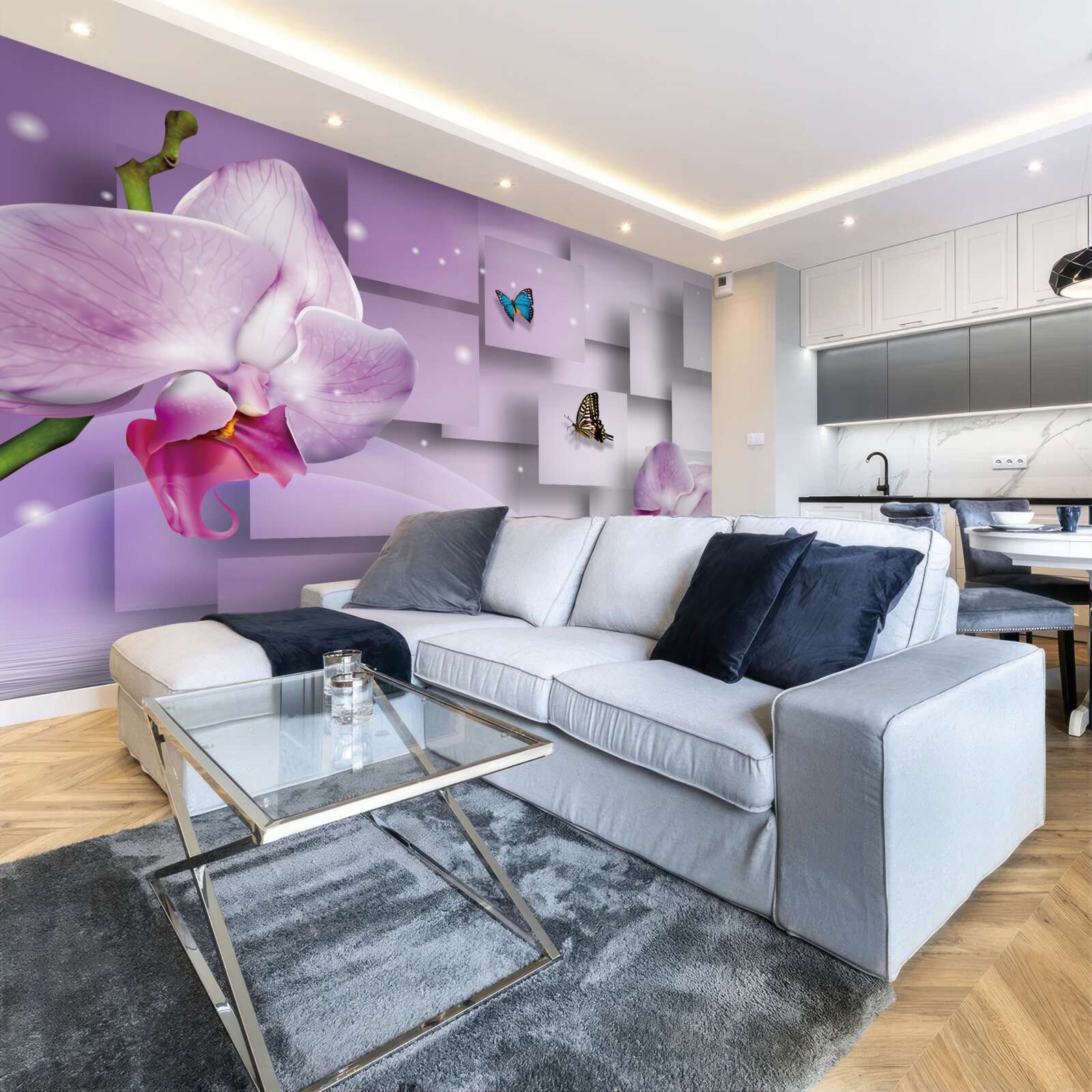 Fototapeta liliowa orchidea i motyle ułożone na tle wzoru geometrycznego