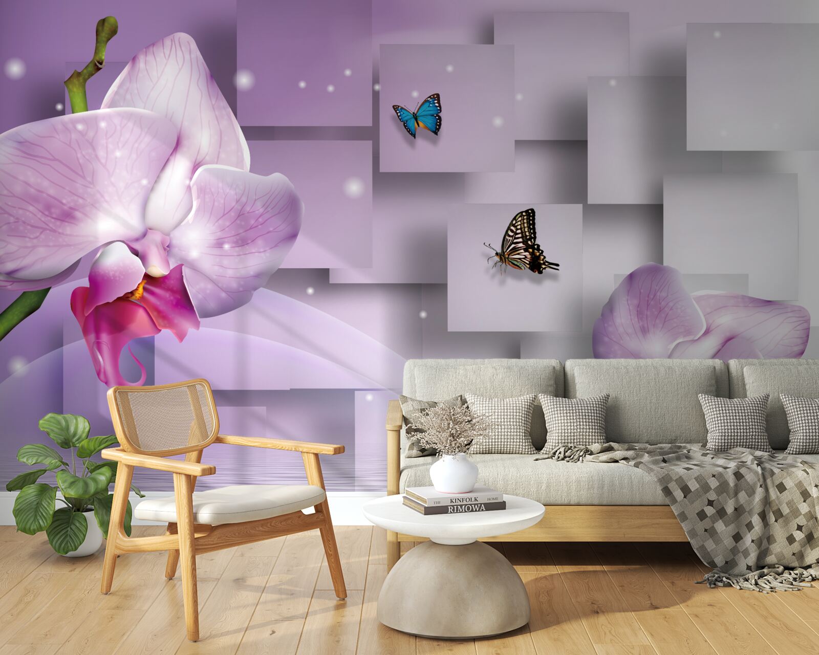 Fototapeta liliowa orchidea i motyle ułożone na tle wzoru geometrycznego