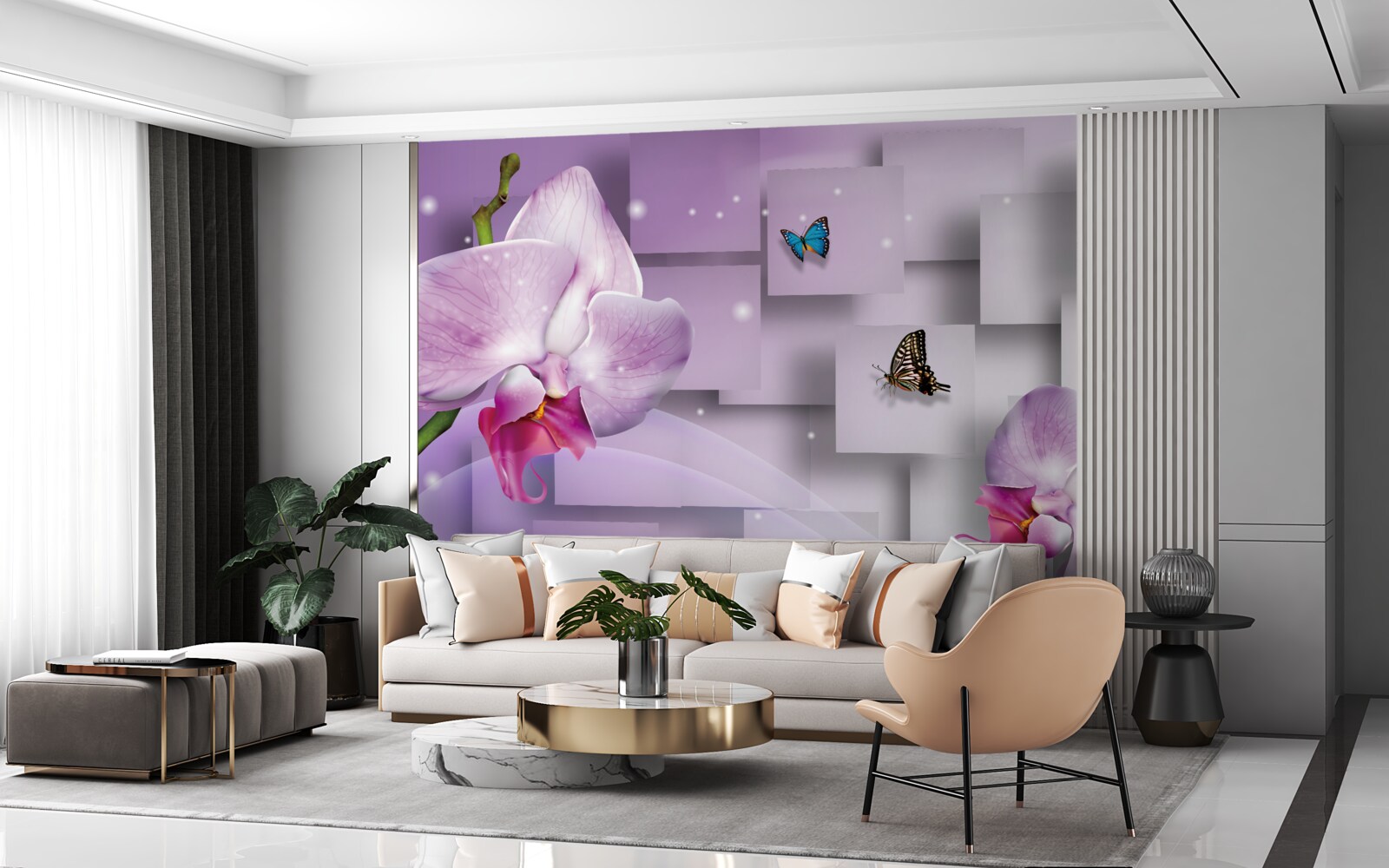 Fototapeta liliowa orchidea i motyle ułożone na tle wzoru geometrycznego