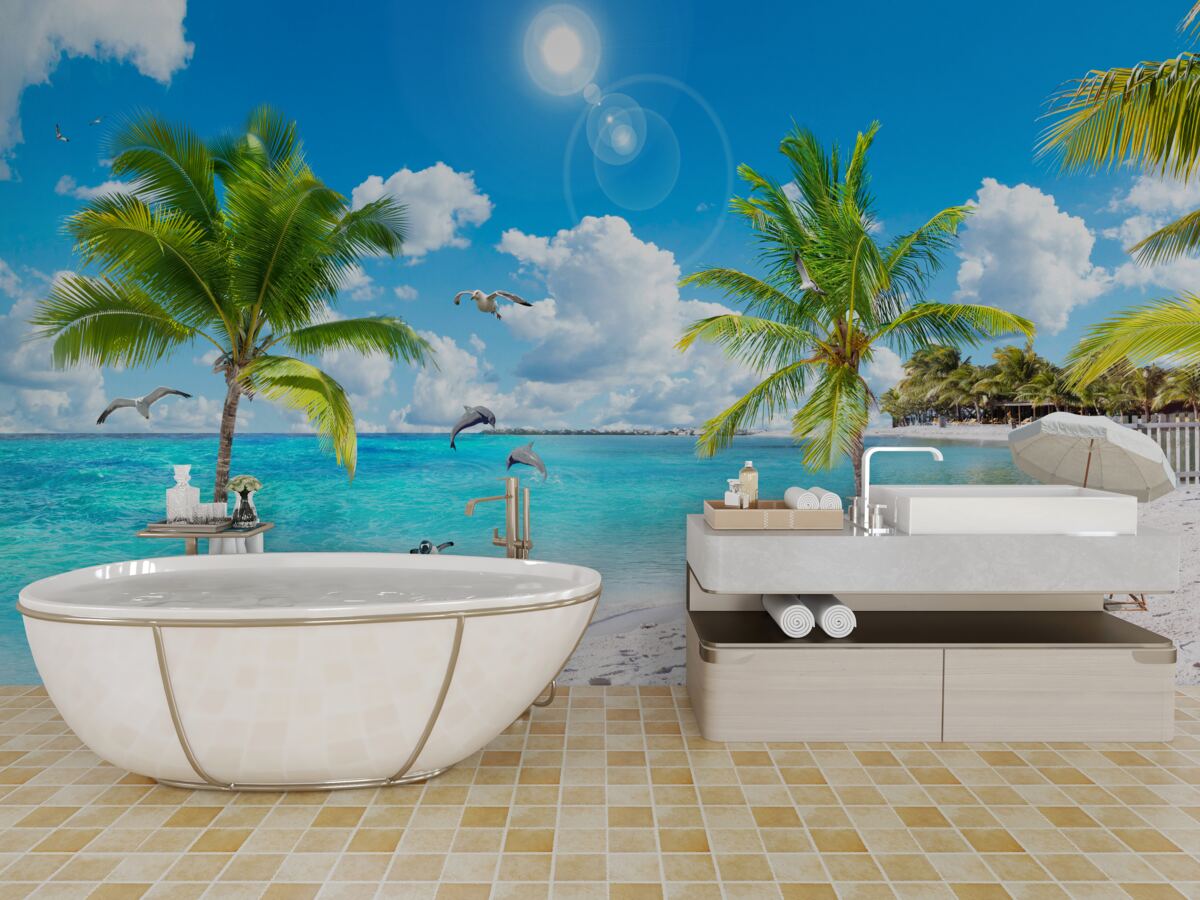Fototapeta plaża z piaskiem i palmami
