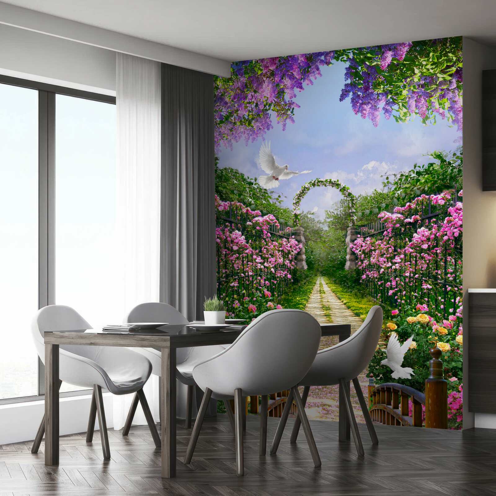 Fototapeta most otoczony letnimi kwiatami na alei