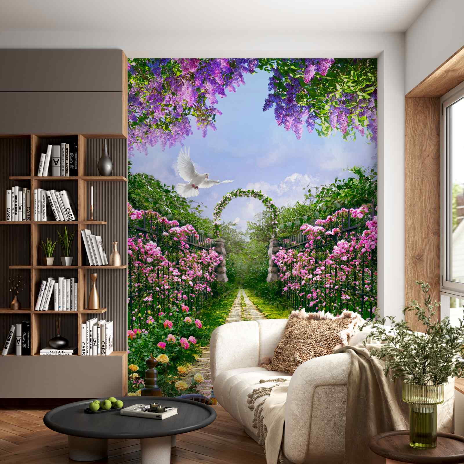 Fototapeta most otoczony letnimi kwiatami na alei