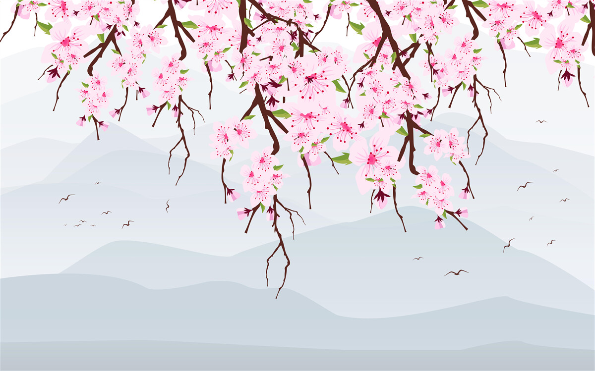 Fototapeta sakura kwitnąca przed krajobrazem gór i wody