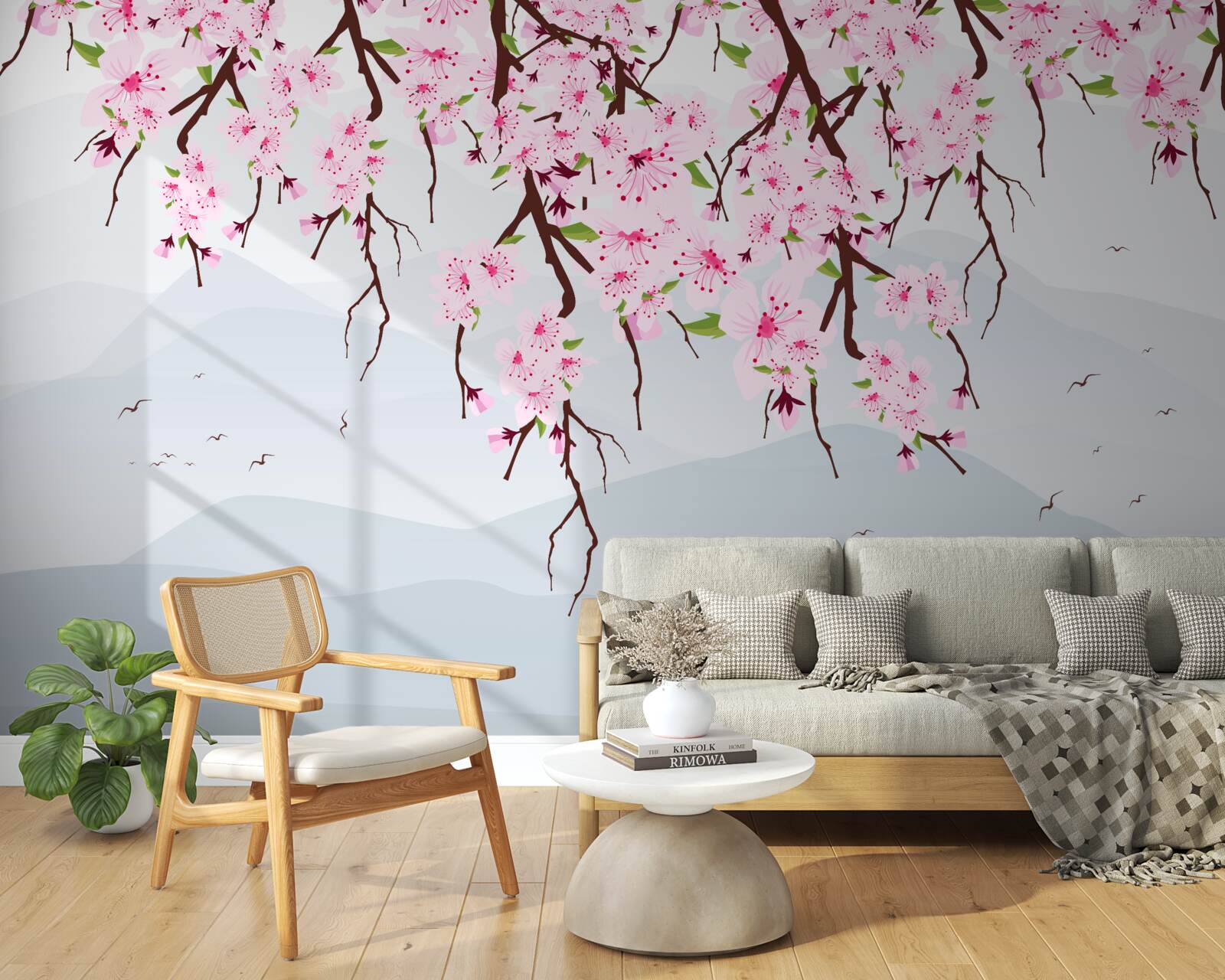 Fototapeta sakura kwitnąca przed krajobrazem gór i wody