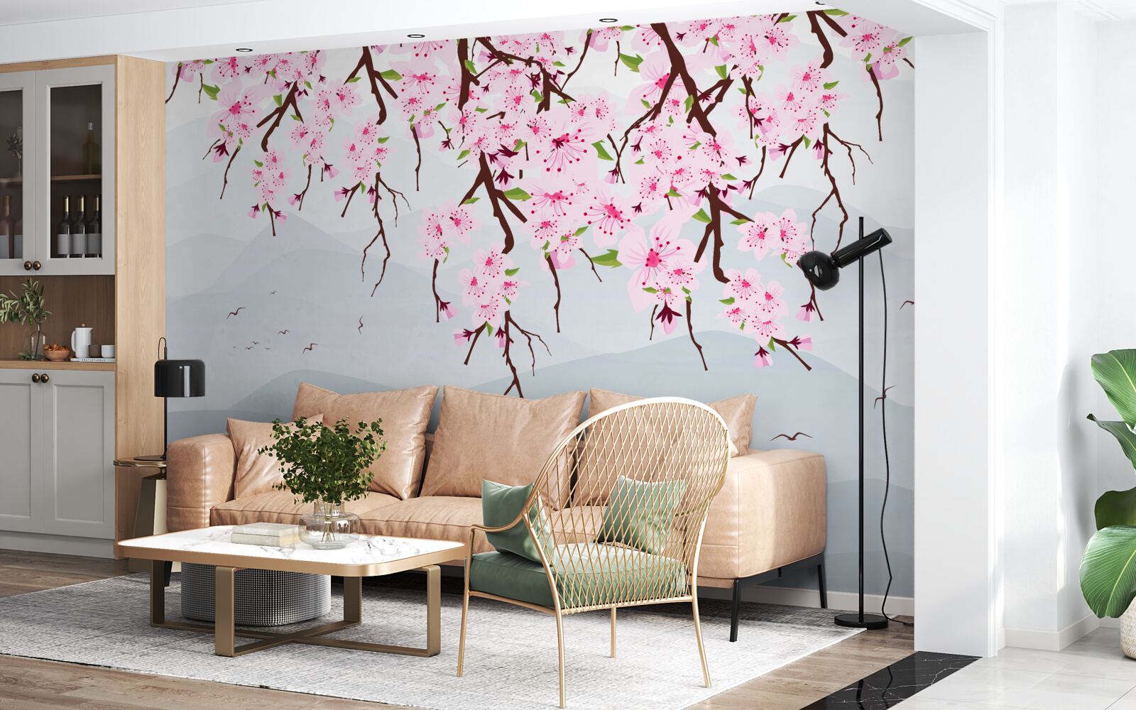 Fototapeta sakura kwitnąca przed krajobrazem gór i wody