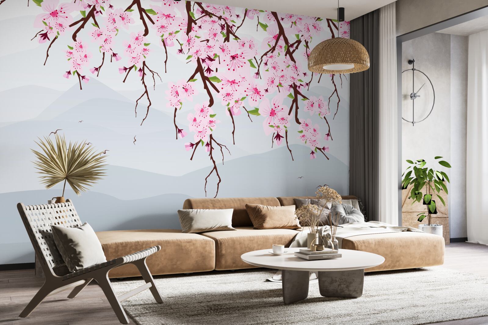 Fototapeta sakura kwitnąca przed krajobrazem gór i wody