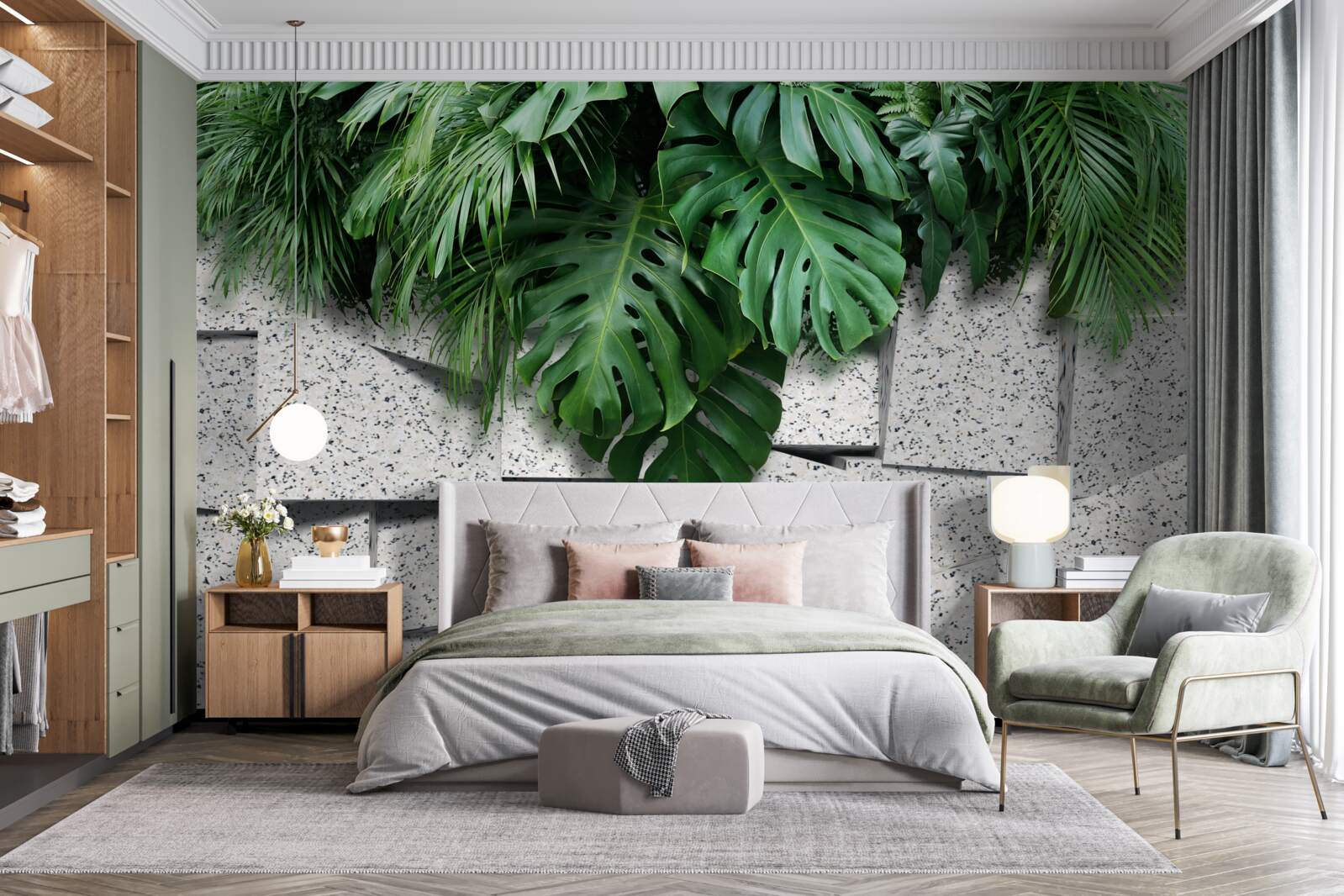 Fototapeta monstera w tropikalnej atmosferze na szarym tle