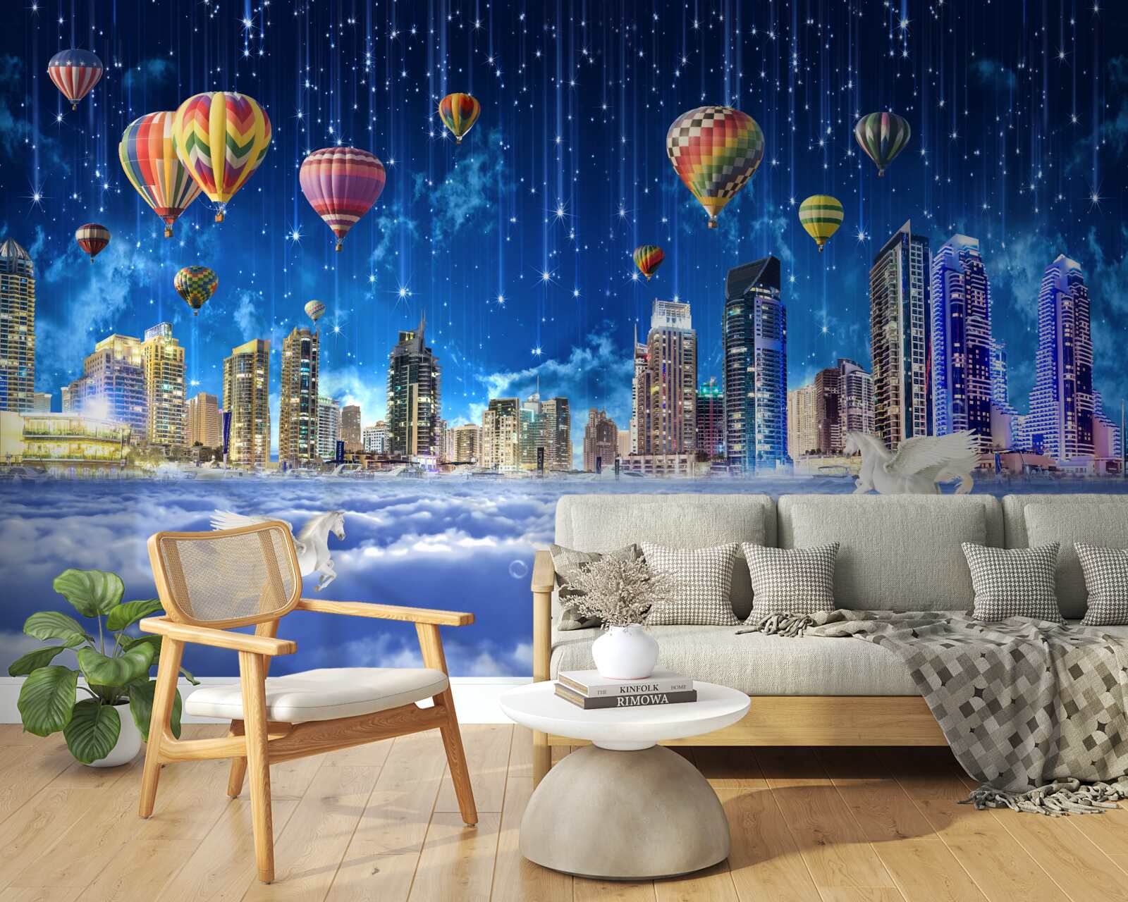 Fototapeta nocne miasto ozdobione jest balonami