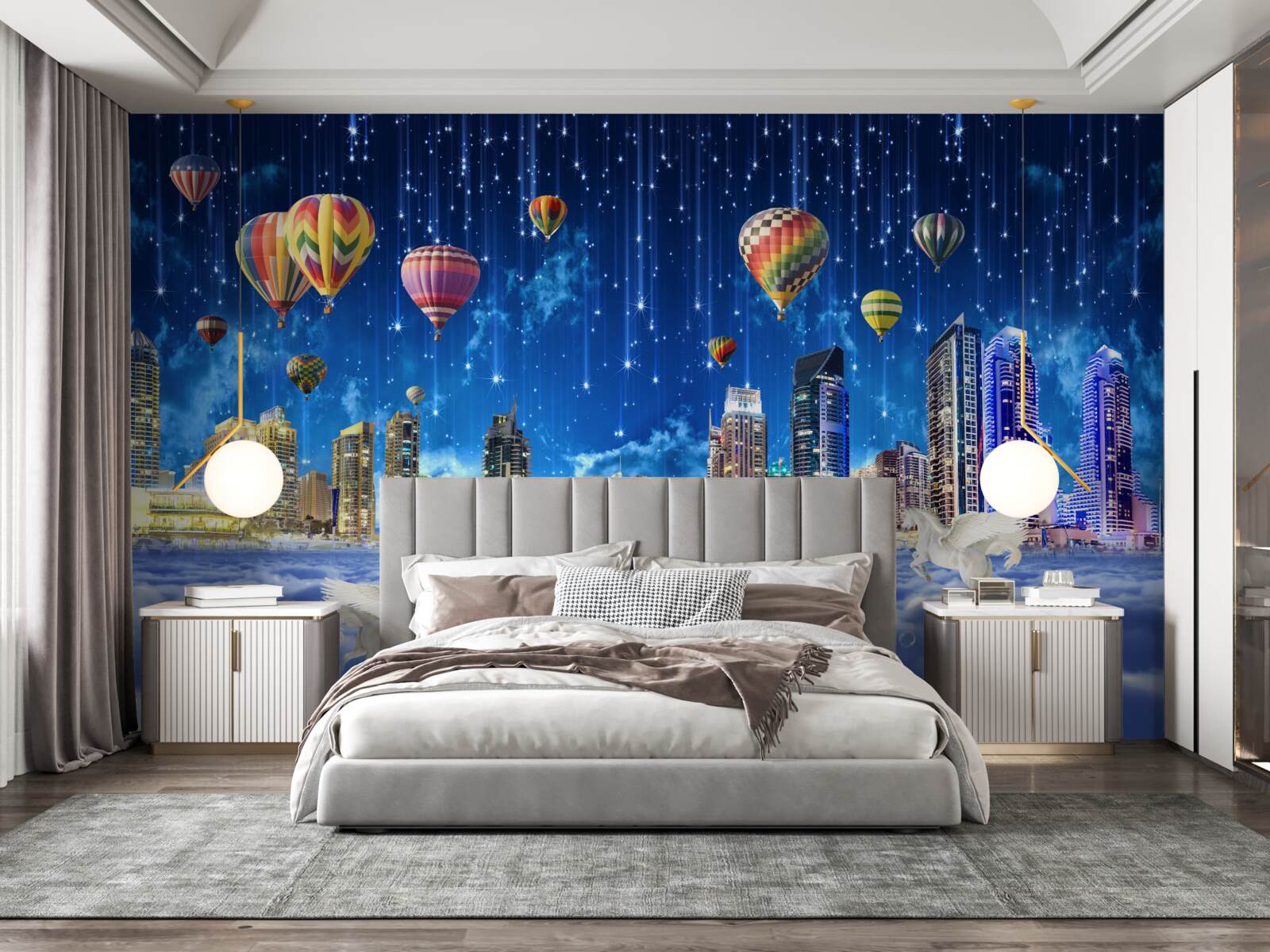 Fototapeta nocne miasto ozdobione jest balonami