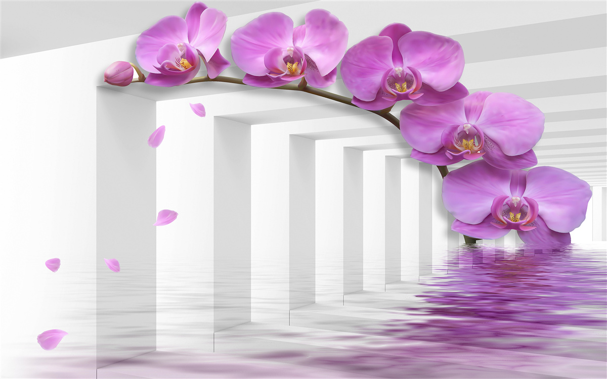 Fototapeta brama ozdobiona fioletowymi orchideami