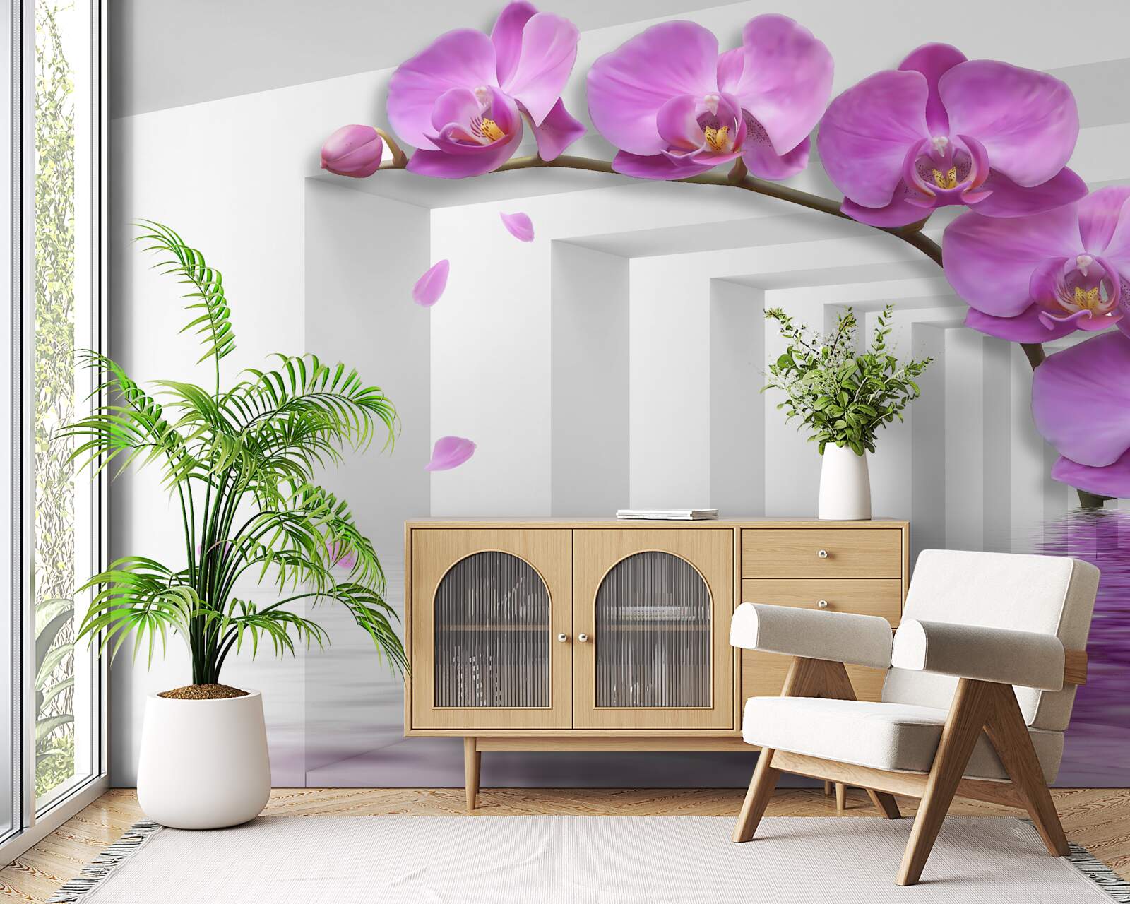Fototapeta brama ozdobiona fioletowymi orchideami