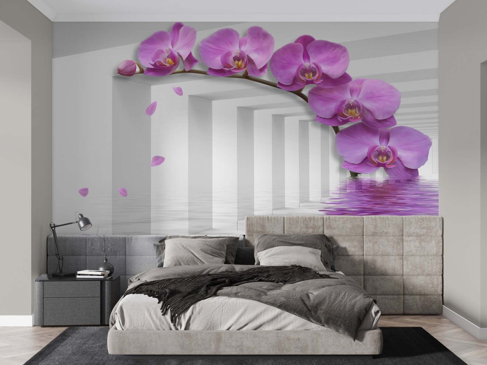 Fototapeta brama ozdobiona fioletowymi orchideami