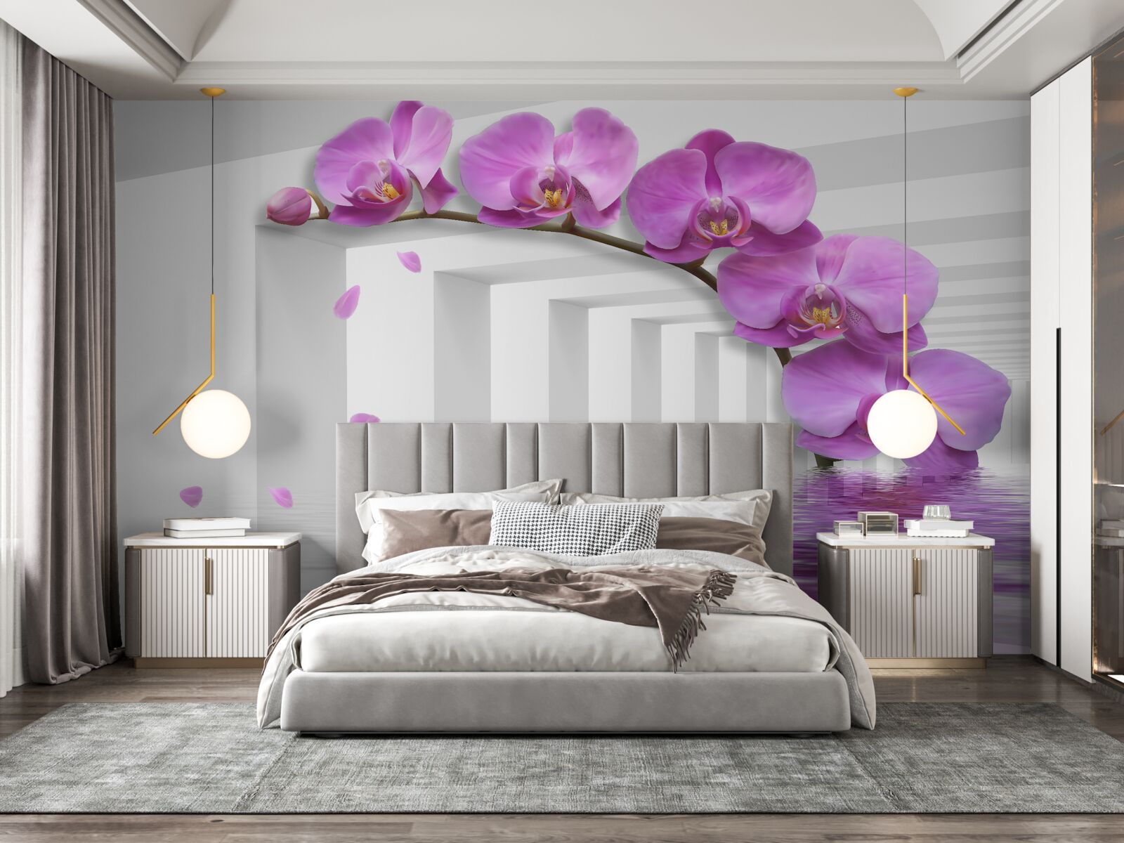 Fototapeta brama ozdobiona fioletowymi orchideami