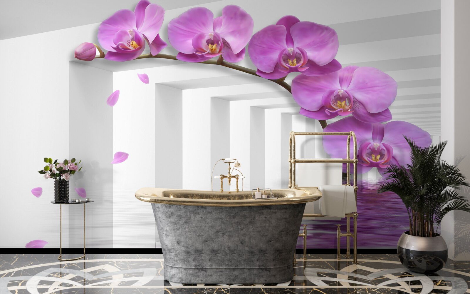 Fototapeta brama ozdobiona fioletowymi orchideami
