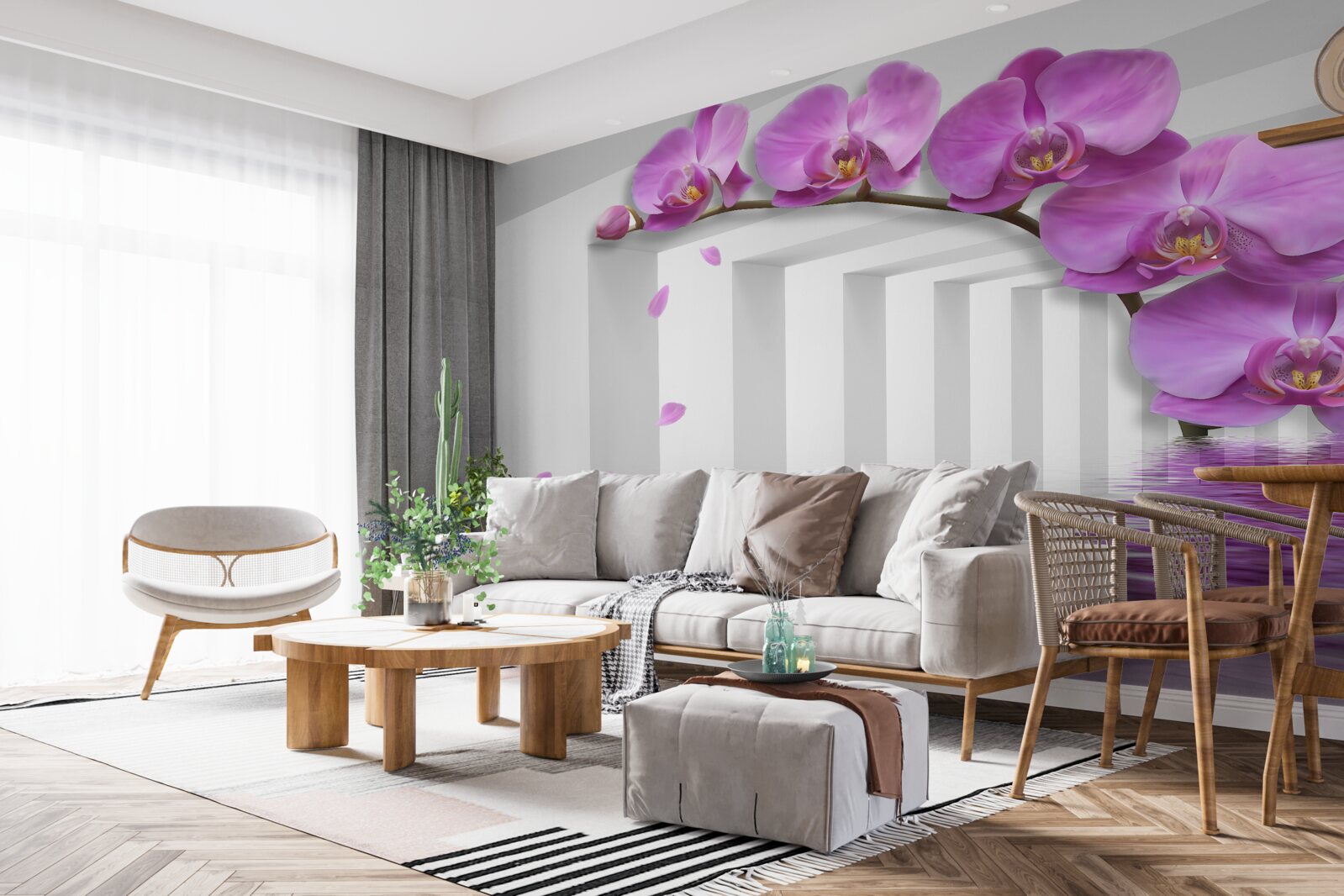 Fototapeta brama ozdobiona fioletowymi orchideami