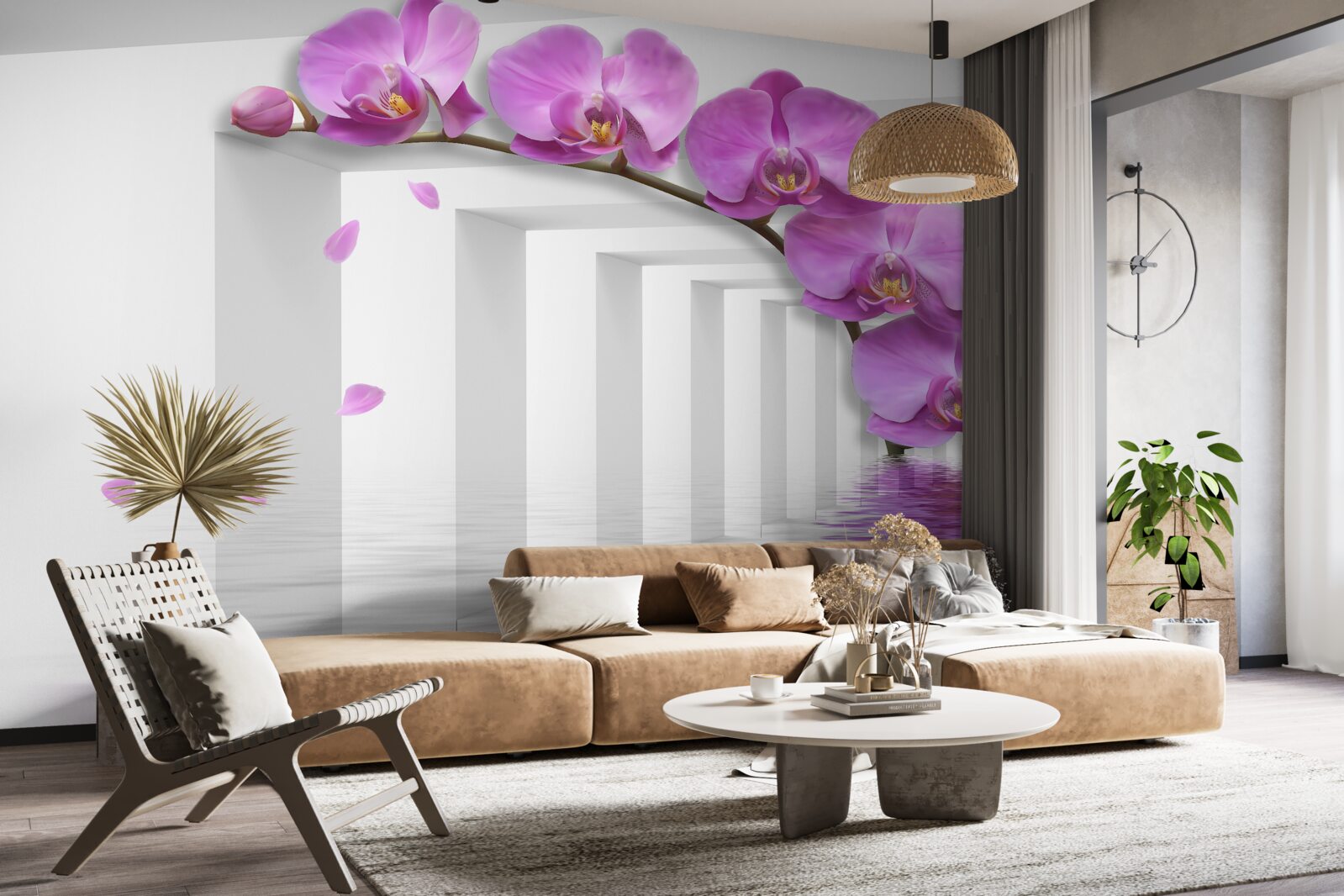 Fototapeta brama ozdobiona fioletowymi orchideami