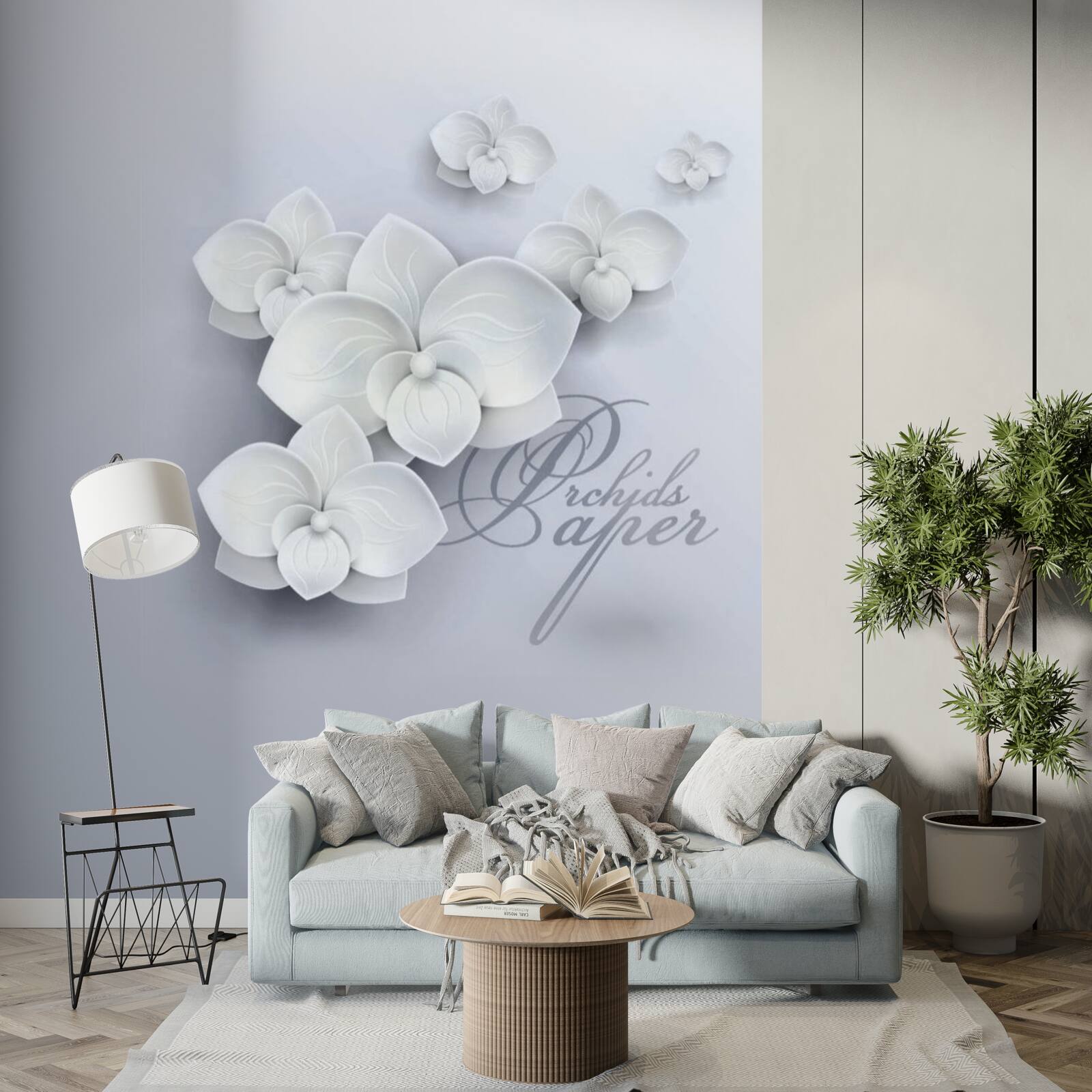 Fototapeta szare tło ozdobione jest białymi orchideami