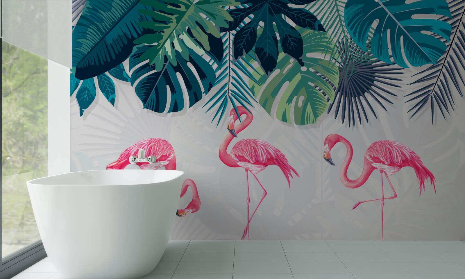 Fototapeta roślinność tropikalna i ptaki różowe flamingi