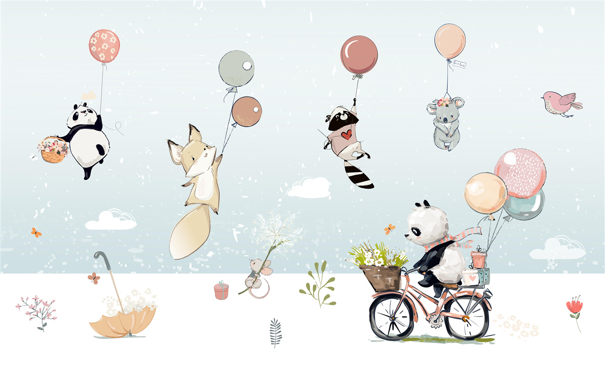 Fototapeta panda rowerowa i zwierzęta z bąbelkami