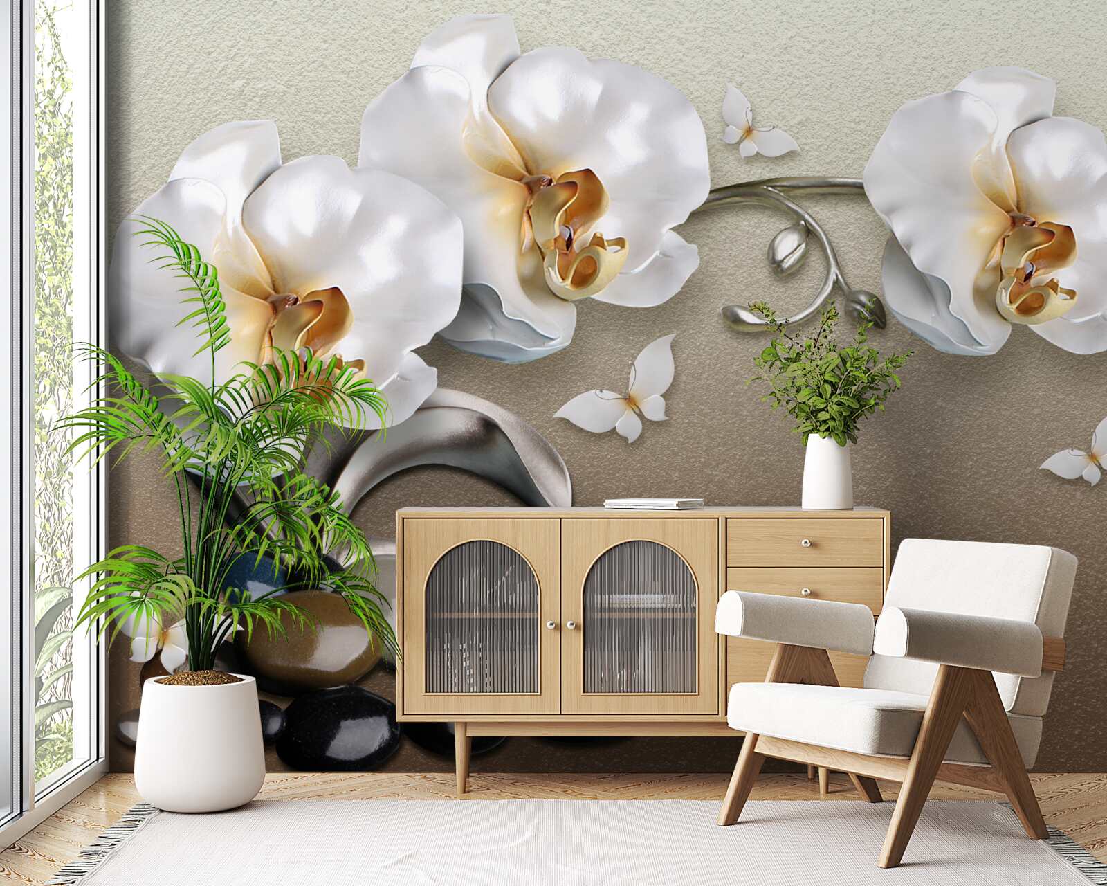Fototapeta Śnieżnobiałe orchidee przenikają przez kamienie