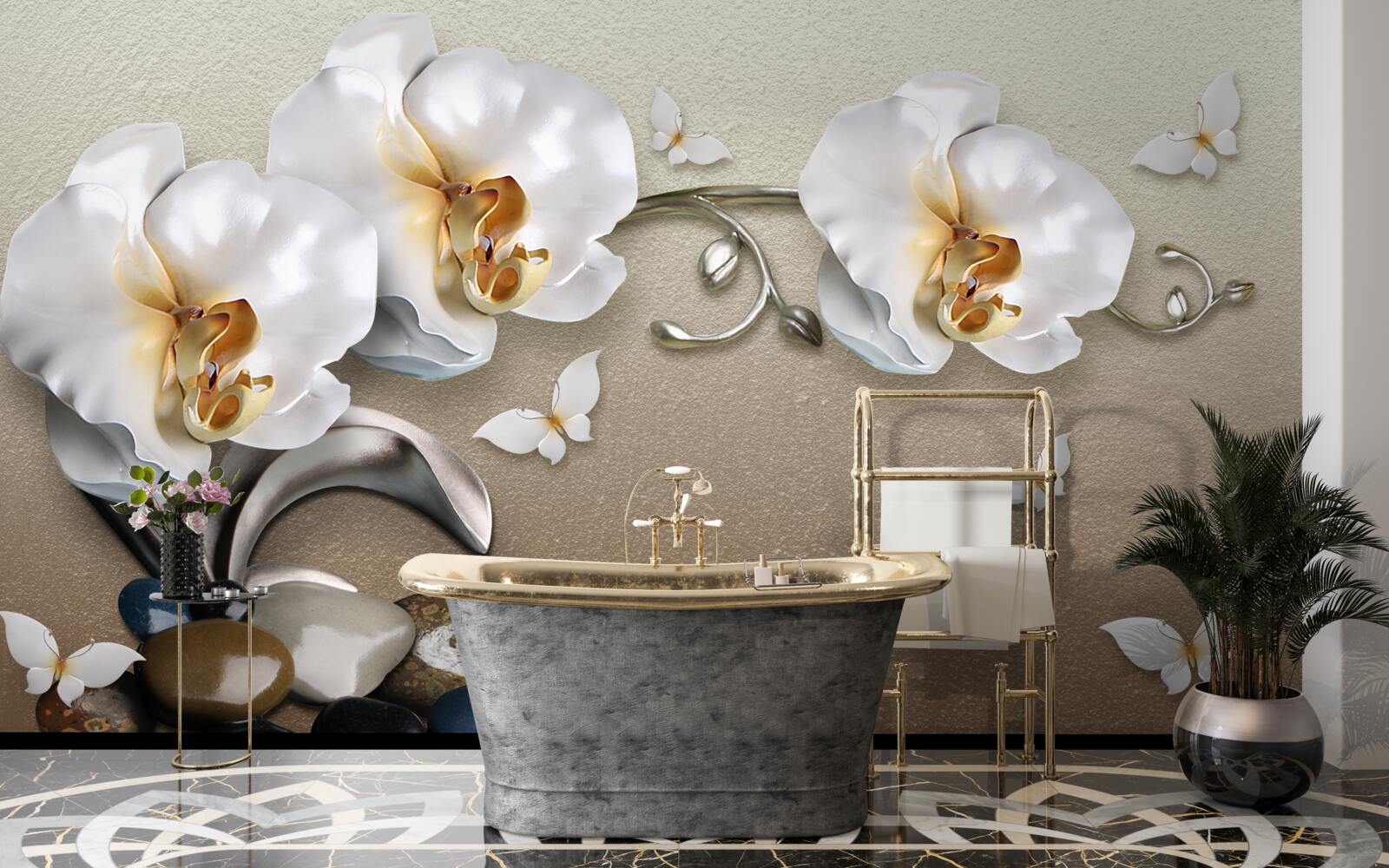 Fototapeta Śnieżnobiałe orchidee przenikają przez kamienie