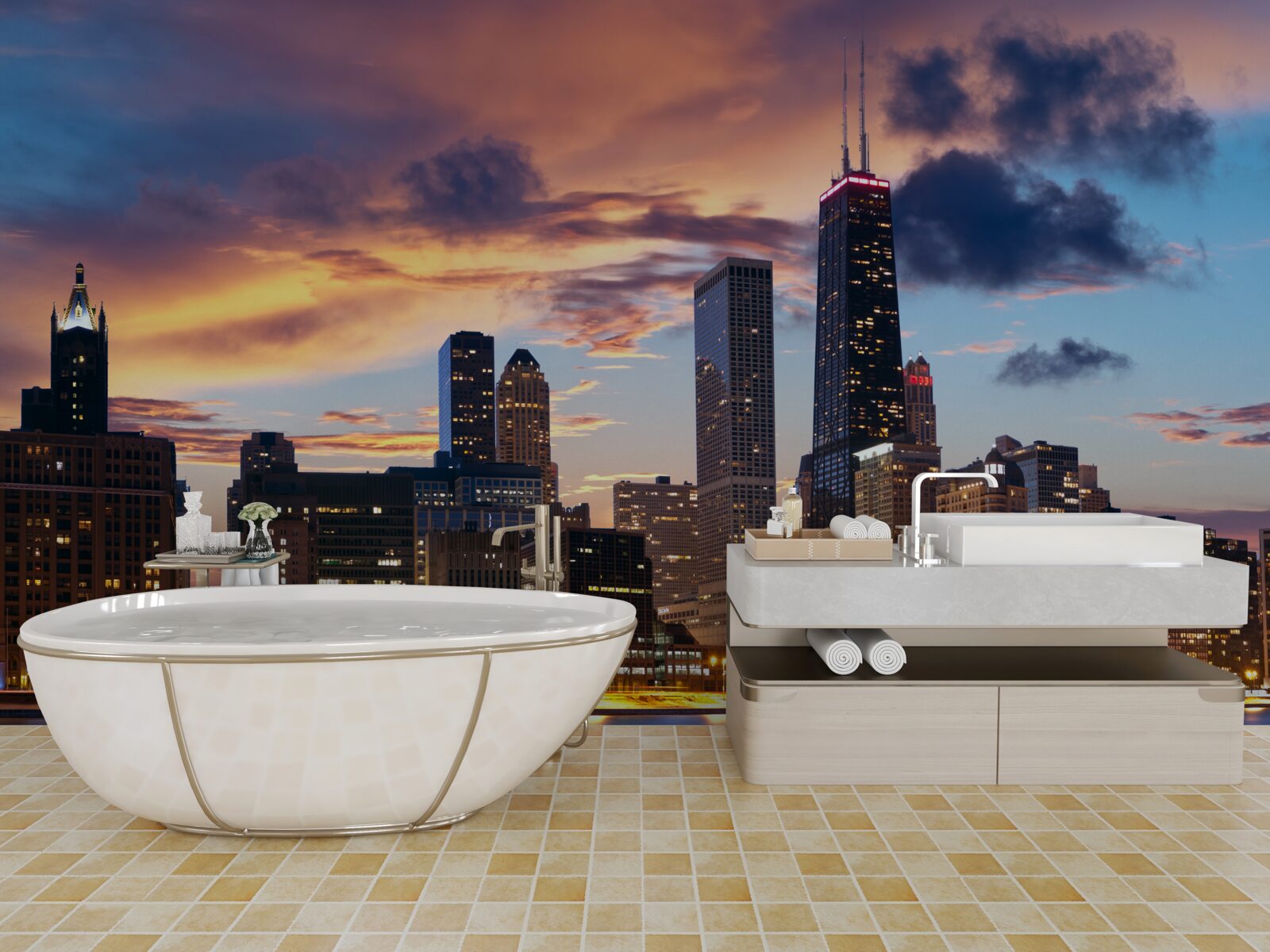 Fototapeta słońce zachodzi nad chicago, illinois