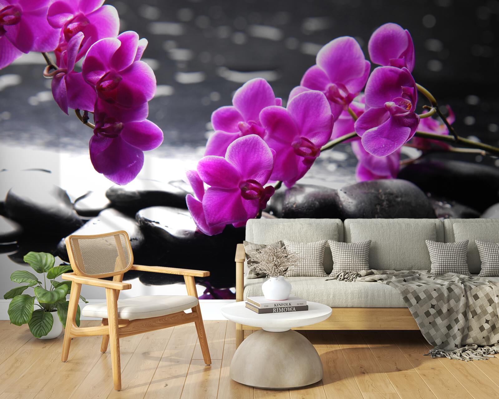 Fototapeta orchidea o liliowym odcieniu, osadzona na matowych czarnych kamieniach