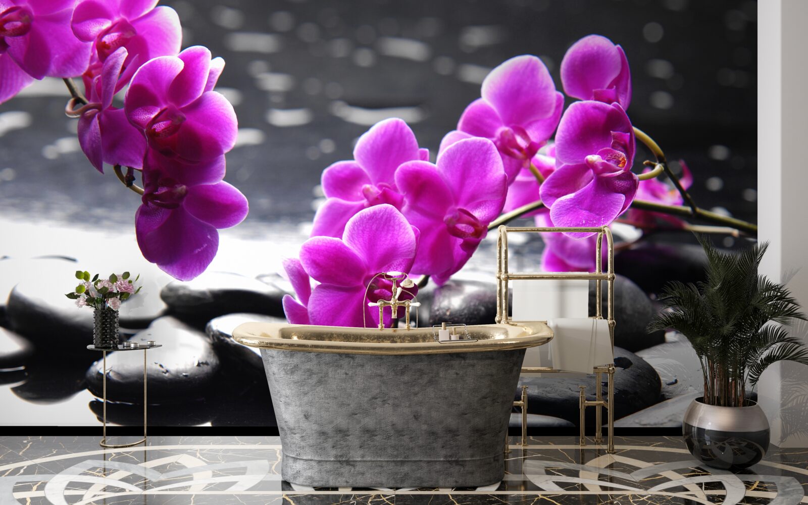 Fototapeta orchidea o liliowym odcieniu, osadzona na matowych czarnych kamieniach