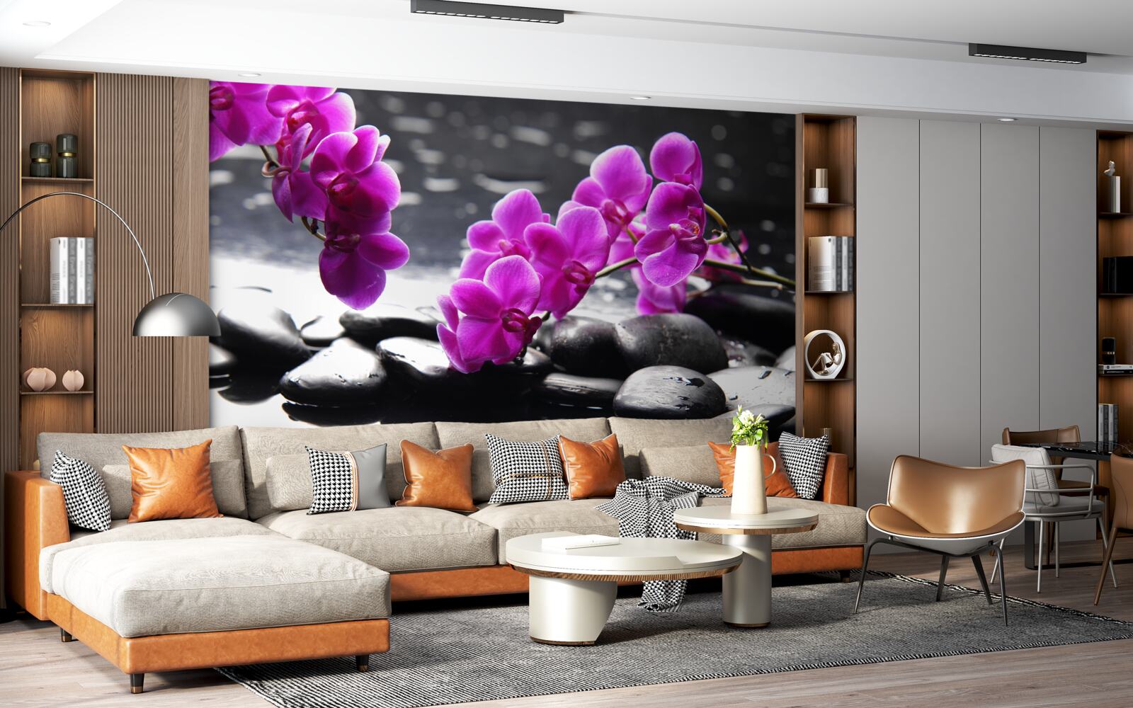 Fototapeta orchidea o liliowym odcieniu, osadzona na matowych czarnych kamieniach