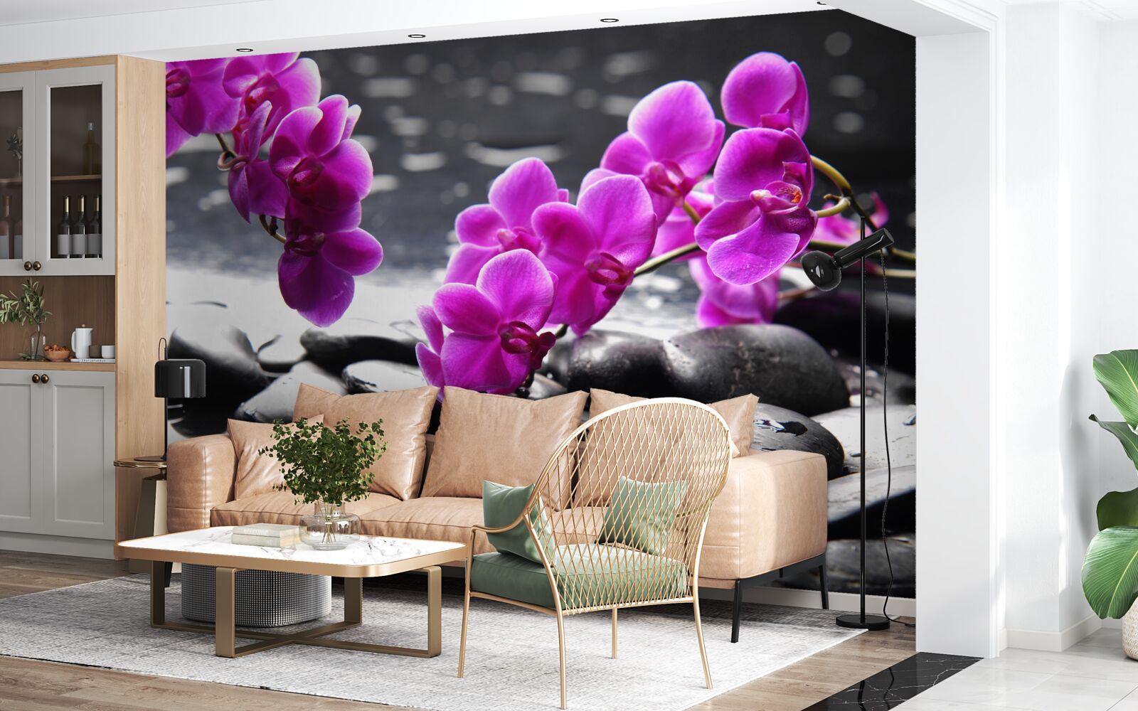 Fototapeta orchidea o liliowym odcieniu, osadzona na matowych czarnych kamieniach