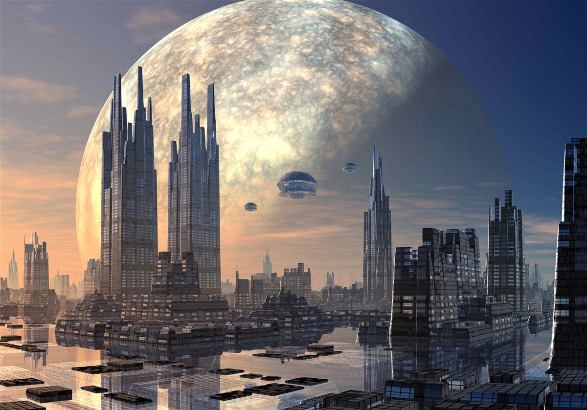 Fototapeta futurystyczne miasto w świetle księżyca