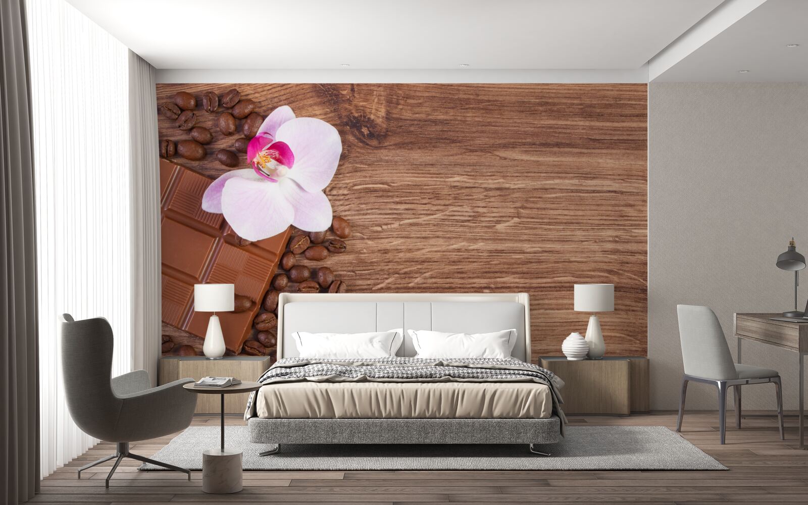 Fototapeta orchidea w śnieżnobiałym kolorze, zanurzona w kawie i czekoladzie