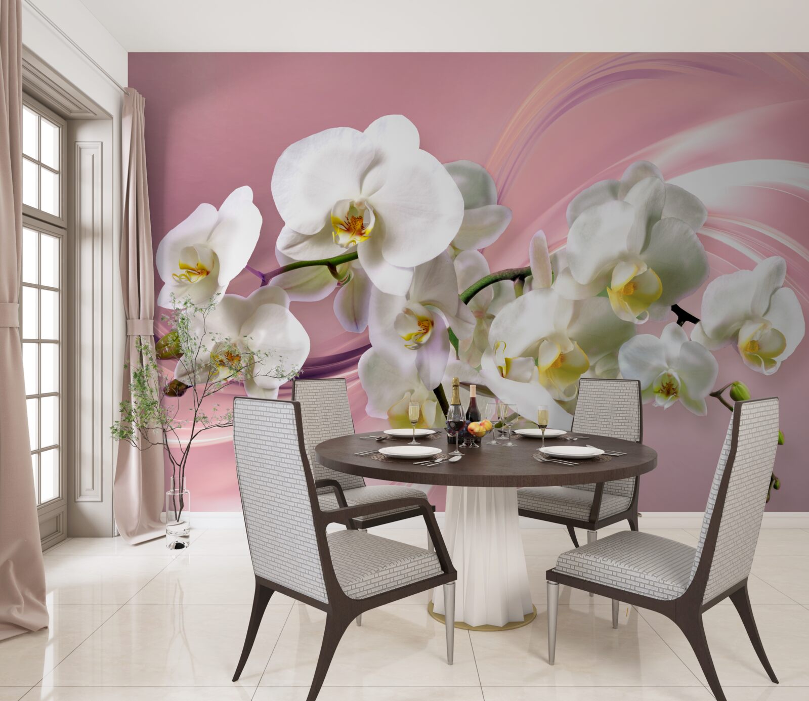 Fototapeta duże białe orchidee na różowym tle