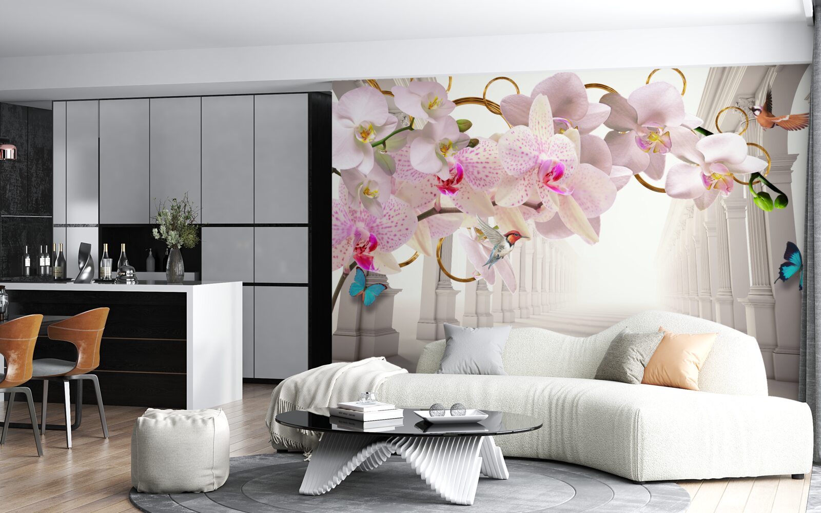 Fototapeta białe łuki ozdobione są orchideami i motylami