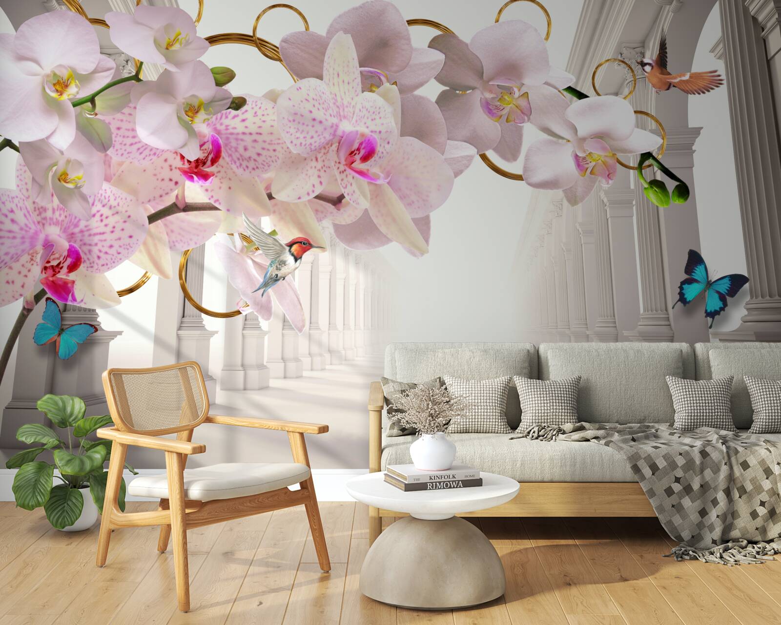 Fototapeta białe łuki ozdobione są orchideami i motylami
