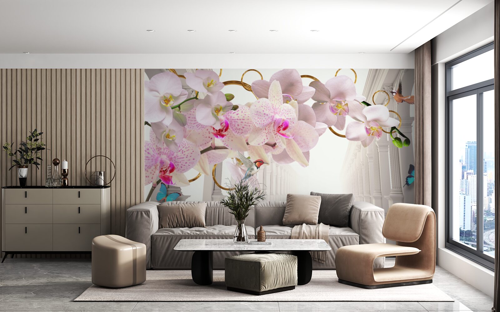 Fototapeta białe łuki ozdobione są orchideami i motylami