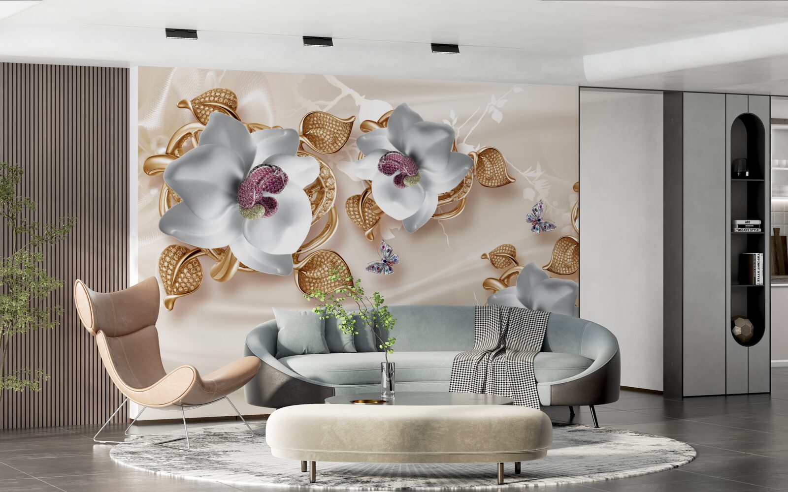 Fototapeta biała orchidea ze złotymi liśćmi