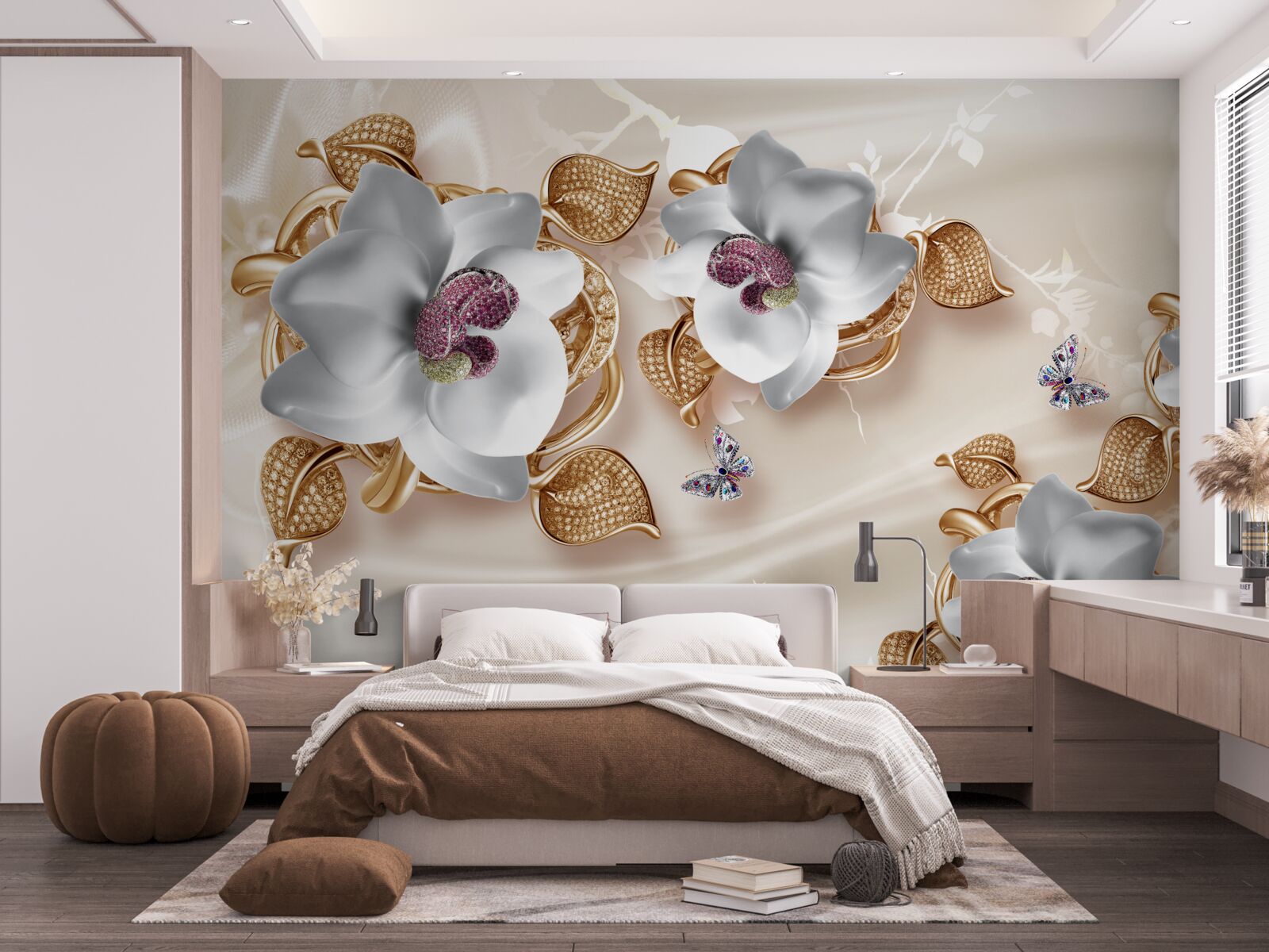Fototapeta biała orchidea ze złotymi liśćmi