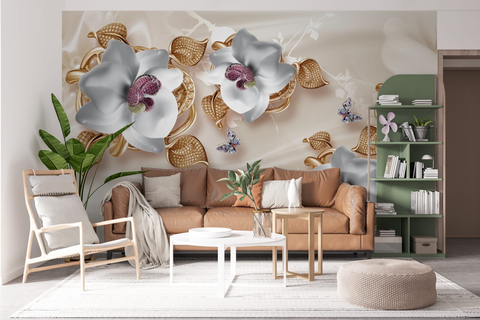 Fototapeta biała orchidea ze złotymi liśćmi