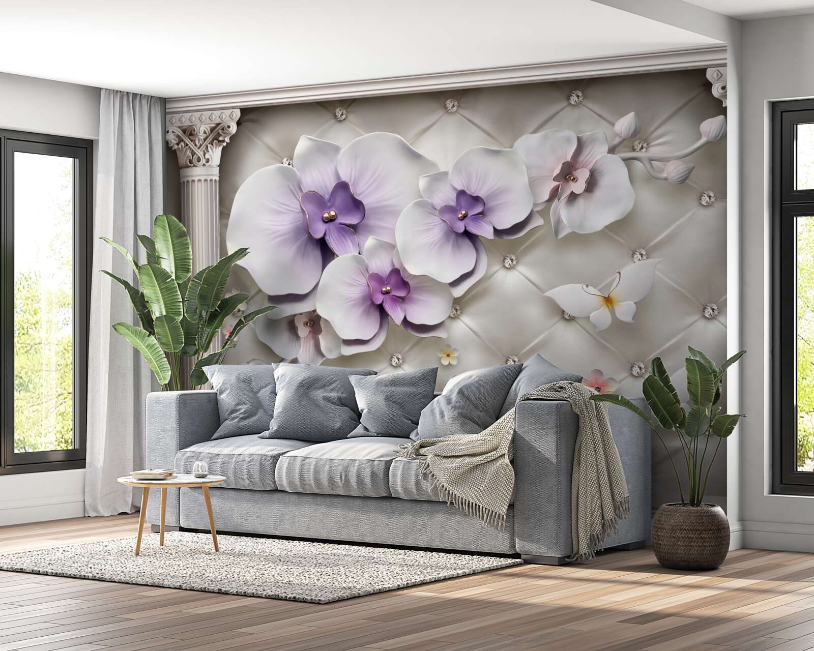 Fototapeta Śnieżnobiała orchidea ozdobiona złotem i perłami