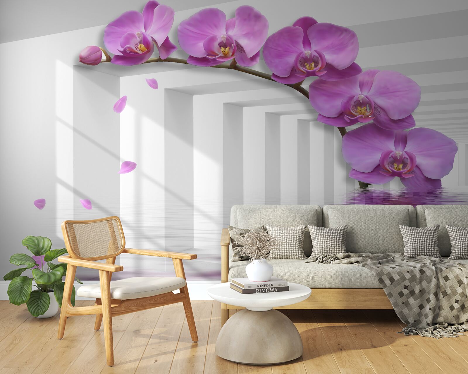 Fototapeta liliowa orchidea na gałęzi otoczona białymi łukami